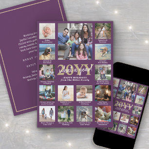 Script What a Year! 15 Photo Collage Purple & Gold Holiday Card