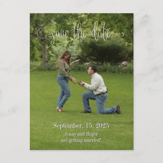 Script White Font Save the Date Announcement Postcard (Front)