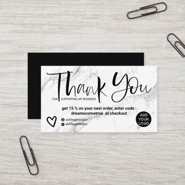 Script white marble chic order thank you business card (Front/Back In Situ)