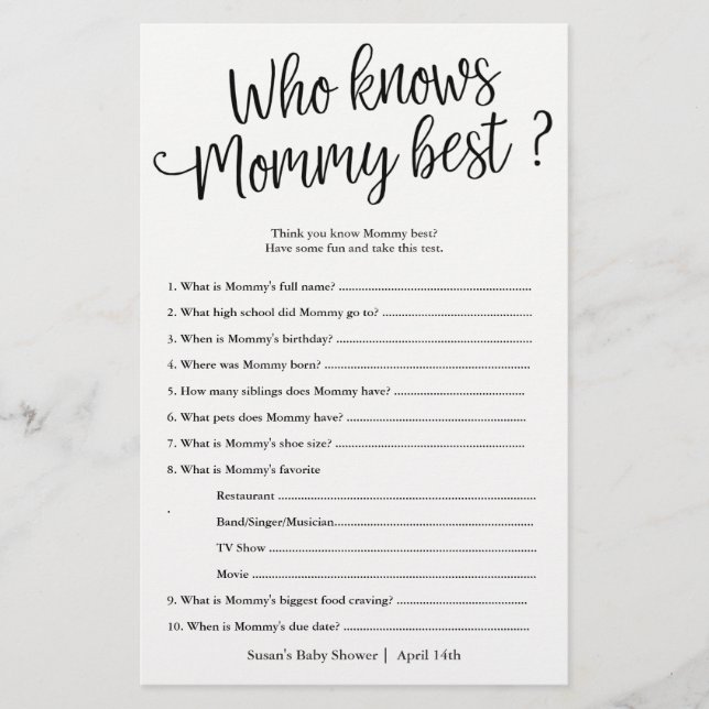Script Who Know's Mummy Best Shower Game Card (Front)