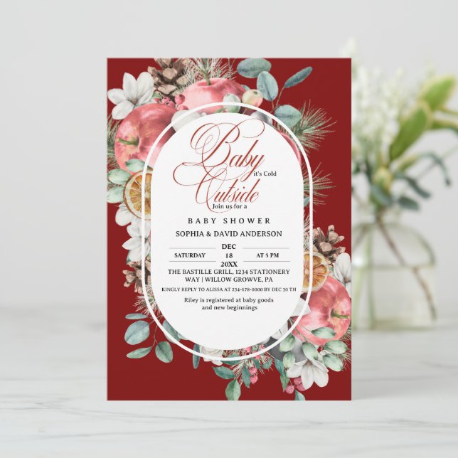 Script Winter Pine Trees Greenery  Red Baby shower Invitation (Standing Front)