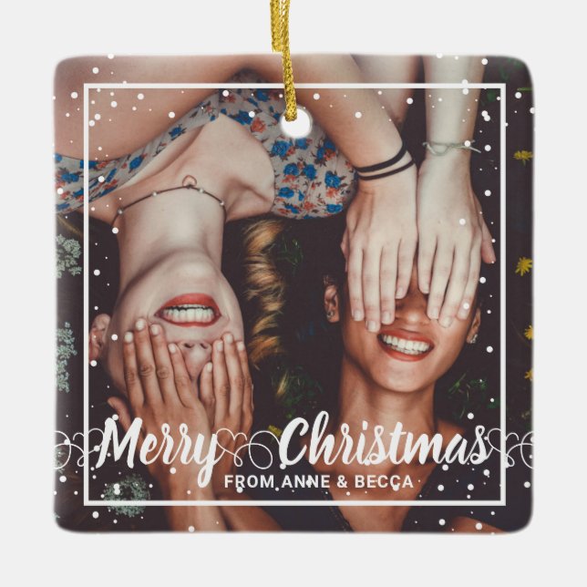 Script With Heart Photo Red Keepsake Ceramic Ornament (Front)