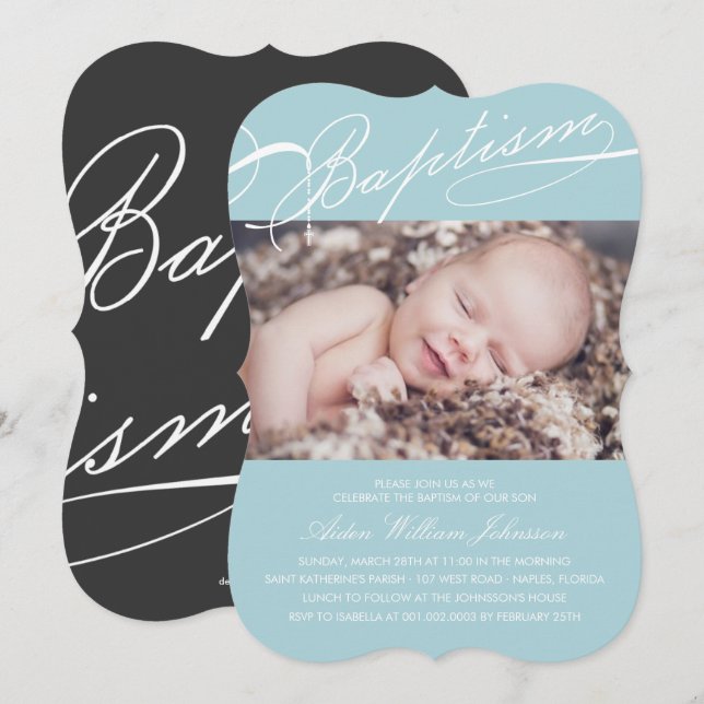 Scripted Baptism Rosary Cross Blue Photo Religious Invitation (Front/Back)