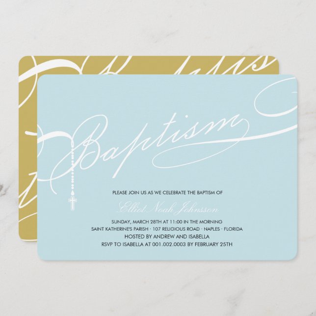 Scripted Baptism Rosary Cross Blue Religious Invitation (Front/Back)