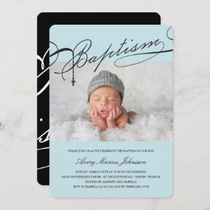 Scripted Baptism Rosary Cross Boy Photo Religious Invitation