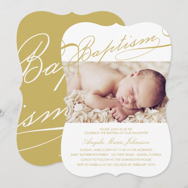 Scripted Baptism Rosary Cross Girl Photo Religious Invitation (Front/Back)