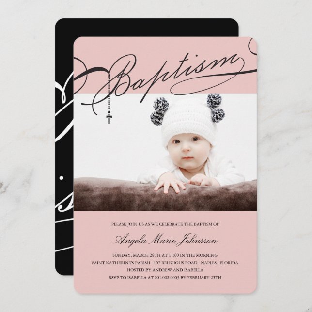 Scripted Baptism Rosary Cross Girl Pink Photo Invitation (Front/Back)