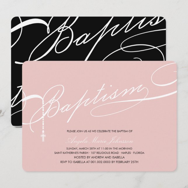 Scripted Baptism Rosary Cross Girl Pink Religious Invitation (Front/Back)