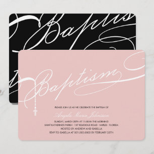 Scripted Baptism Rosary Cross Girl Pink Religious Invitation