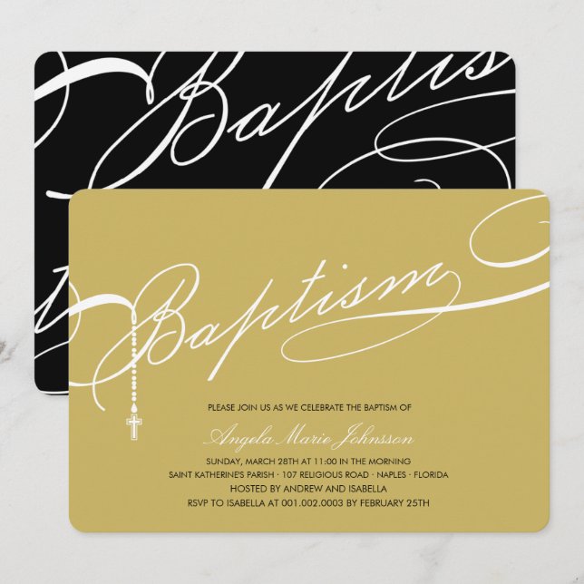 Scripted Baptism Rosary Cross Gold Religious Invitation (Front/Back)