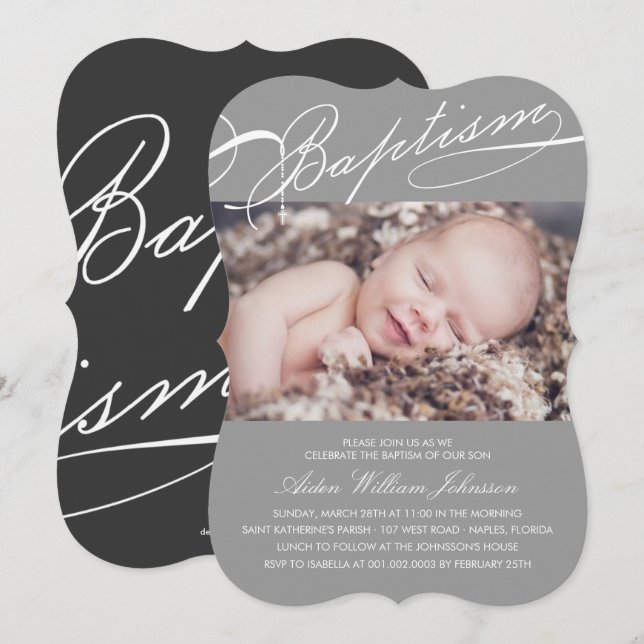 Scripted Baptism Rosary Cross Grey Photo Religious Invitation (Front/Back)