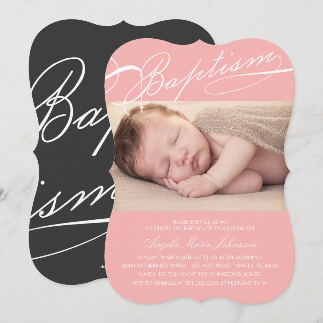 Scripted Baptism Rosary Cross Pink Photo Religious Invitation (Front/Back)