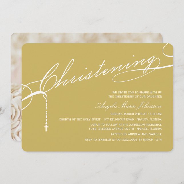 Scripted Christening Cross Gold Photo Religious Invitation (Front/Back)