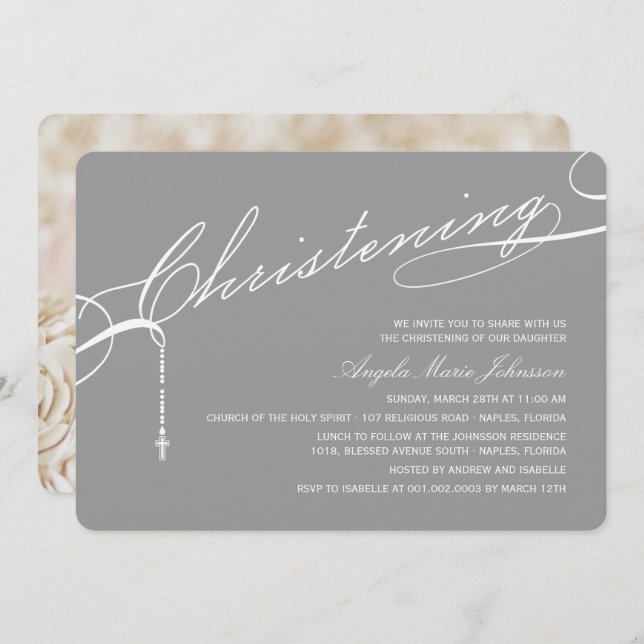 Scripted Christening Cross Grey Photo Religious Invitation (Front/Back)