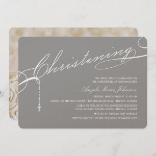 Scripted Christening Cross Grey Photo Religious Invitation