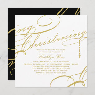 Scripted Christening Modern Cross Gold Religious Invitation