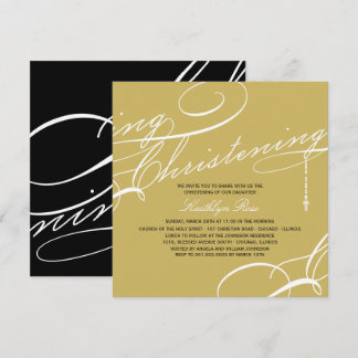 Scripted Christening Modern Cross Gold Religious Invitation