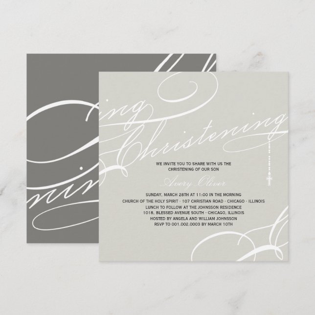 Scripted Christening Modern Cross Grey Religious Invitation (Front/Back)