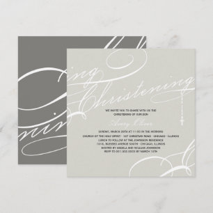 Scripted Christening Modern Cross Grey Religious Invitation
