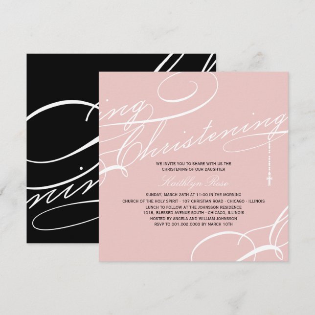 Scripted Christening Modern Cross Pink Religious Invitation (Front/Back)