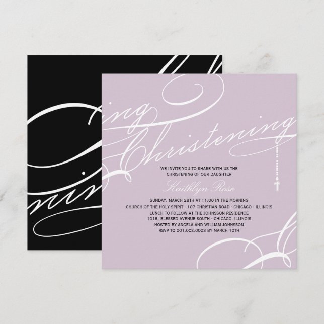 Scripted Christening Modern Cross Purple Religious Invitation (Front/Back)