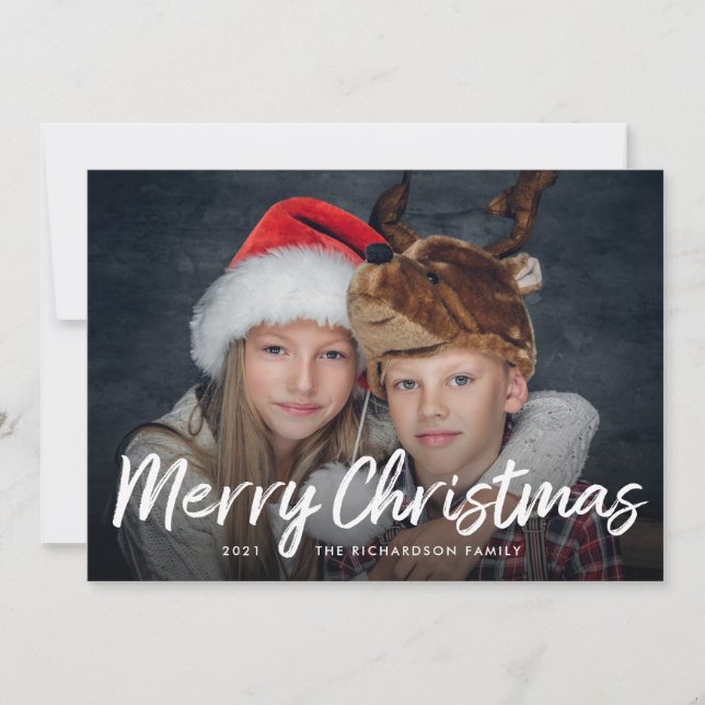 Scripted Christmas | Navy Blue with Photo Holiday Card (Front)