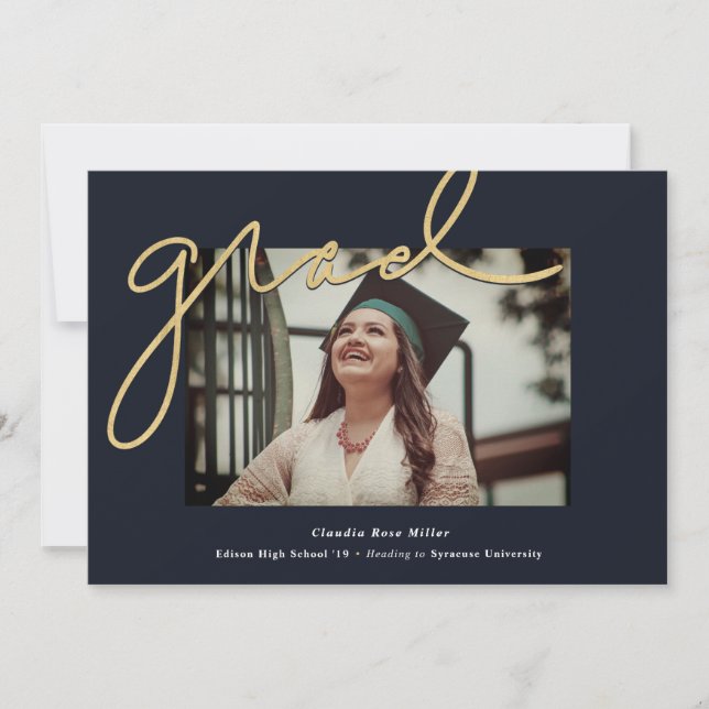 Scripted Grad Navy and Gold Photo Graduation Announcement (Front)