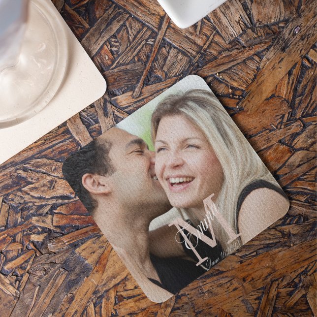 Scripted Overlay Story Coaster (“Layered story coaster featuring full photo, elegant serif monogram, diagonal script name, and date.)