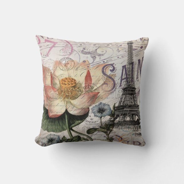 scripts french botanical lotus paris eiffel tower cushion (Front)