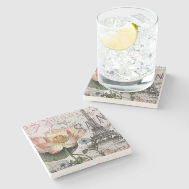 scripts french botanical lotus paris eiffel tower stone coaster (Side)