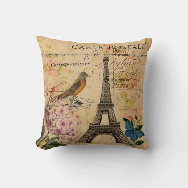 Scripts Hydrangea French Bird Paris Eiffel Tower Cushion (Front)