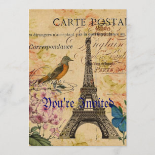 Scripts Hydrangea French Bird Paris Eiffel Tower Invitation