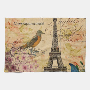 Scripts Hydrangea French Bird Paris Eiffel Tower Tea Towel
