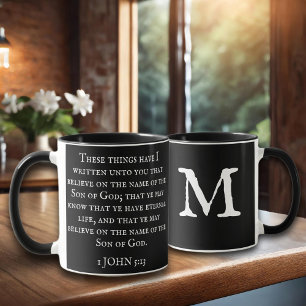Scripture 1 John 5:13 KJV Monogram Black  Mug