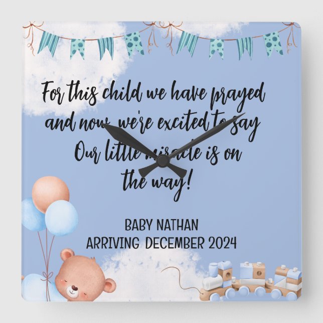 Scripture Baby Boy Announcement Card This Child 1 Square Wall Clock (Front)