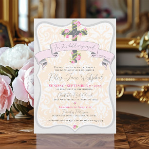 Scripture Floral Cross Damask Baby Girl Baptism Invitation