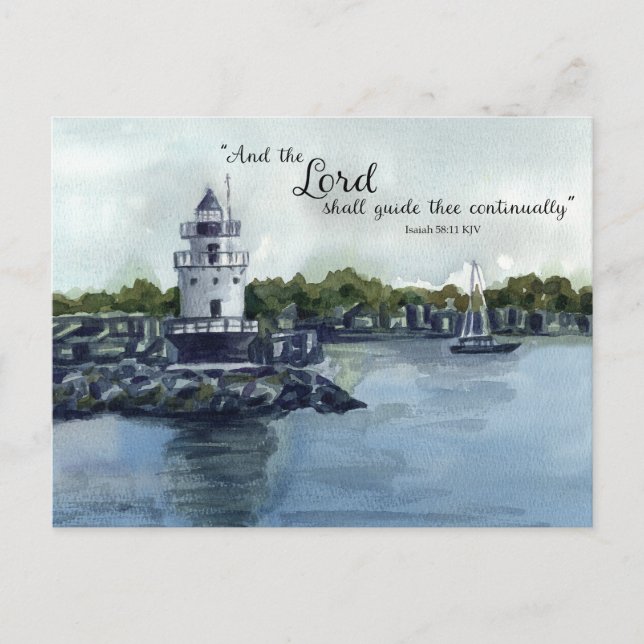 Scripture Isaiah 58:11 Maine Lighthouse Watercolor Postcard (Front)