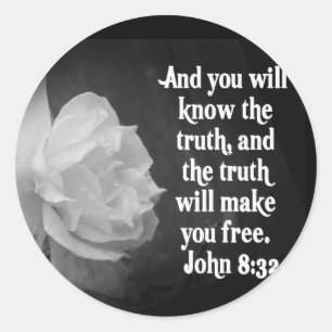 SCRIPTURE John 8:32  Black / White Flowers Classic Round Sticker