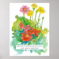 Scripture Matthew 7:7 Bible Verse Zinnia Flowers  