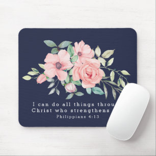 Scripture Philippians 4:13 Floral Watercolor Navy Mouse Mat