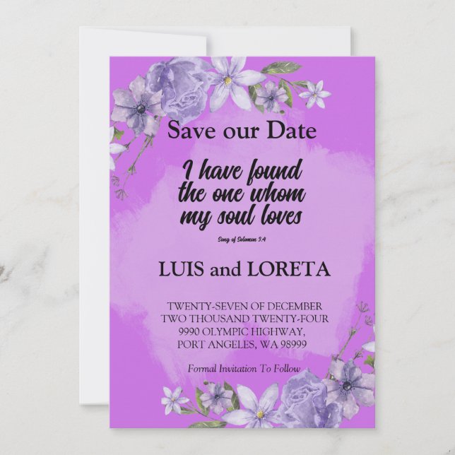 Scripture Save The Date Card I have Found Purple (Front)