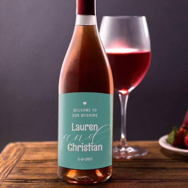 Scripture Teal Square Wedding  Wine Label (Creator Uploaded)