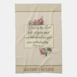 Scripture Verse Pink Roses Floral Religious Tea Towel