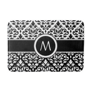 Scroll Damask 2Part Ptn BW & Band (Personalised) Bath Mat