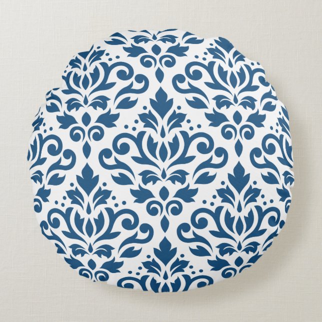 Scroll Damask 2Way Lg Ptn Dk Blue on White Round Cushion (Front)