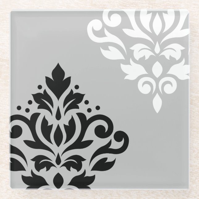 Scroll Damask Art I B&W on Lt Grey Glass Coaster (Front)
