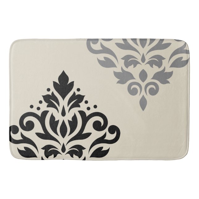 Scroll Damask Art I Black Grey Cream Bath Mat (Front)