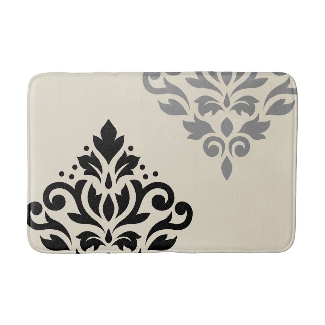 Scroll Damask Art I Black Grey Cream Bath Mat (Front)