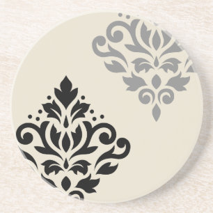 Scroll Damask Art I Black Grey Cream Coaster