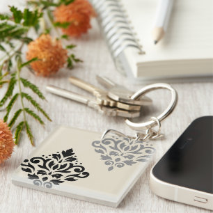 Scroll Damask Art I Black Grey Cream Key Ring